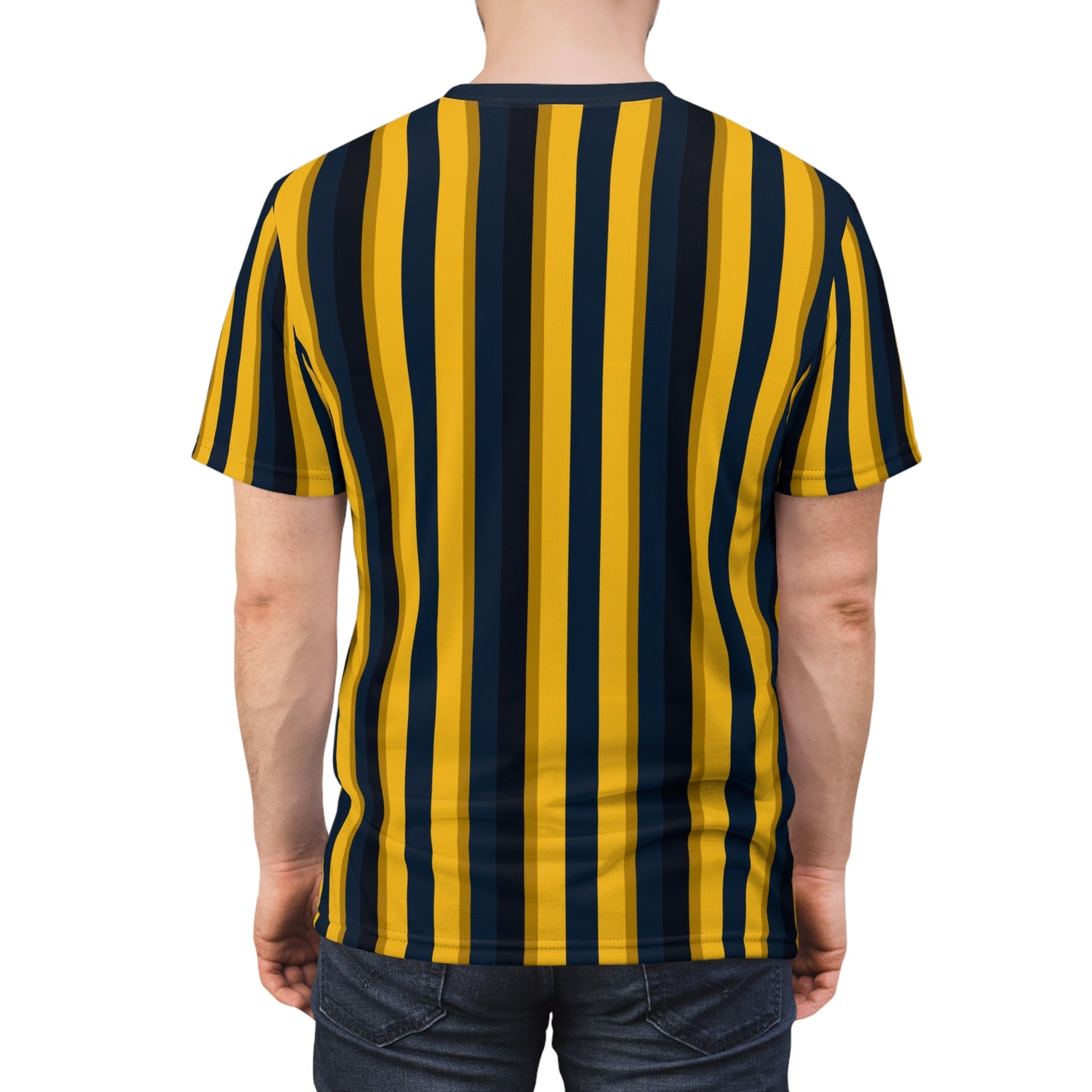 Yellow Blue Striped Tshirt, Vertical Black Stripe Designer Aesthetic Lightweight Heavyweight Crewneck Men Women Tee Top Short Sleeve Shirt