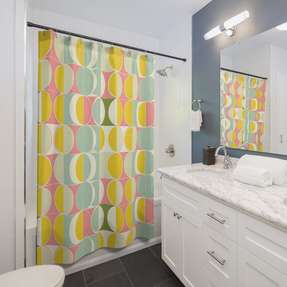 Mid Century Modern Shower Curtain, Yellow Retro Waterproof Fabric Unique Bath Bathroom Decor Cool Unique Housewarming Home Gift 71" x 74"