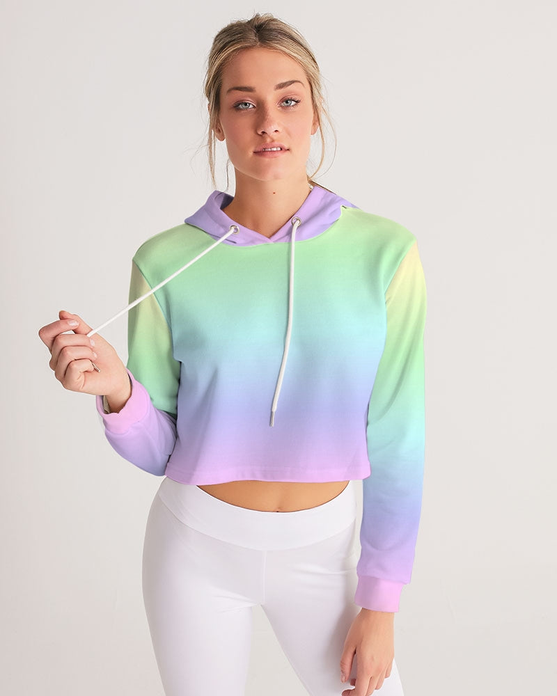 Pastel Rainbow Ombre Pink Women Cropped Hoodie, Gradient Tie Dye