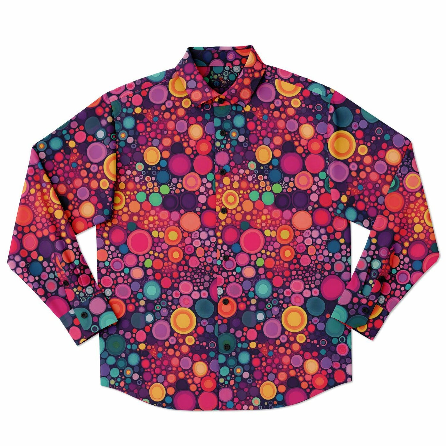 Psychedelic Long Sleeve Men Button Up Shirt, Funky Red Colorful Fun Retro Vibrant Dot Art Guys Male Print Buttoned Down Collared Casual Dress Plus Size