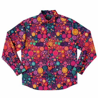 Psychedelic Long Sleeve Men Button Up Shirt, Funky Red Colorful Fun Retro Vibrant Dot Art Guys Male Print Buttoned Down Collared Casual Dress Plus Size