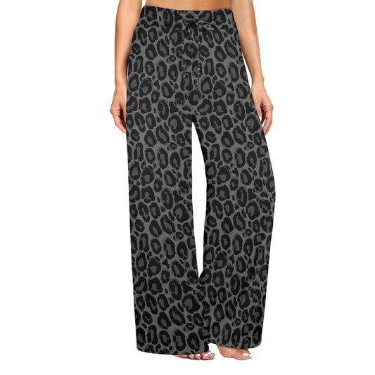 Black Grey Leopard Women Wide Leg Pants Pockets, Cheetah Animal Print Yoga Trousers High Waisted Ladies Comfy Drawstring Lounge Flowy Summer