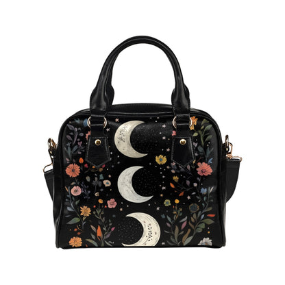 Moon Celestial Purse, Stars Constellation Space Black Floral Flowers Small Shoulder Zip Bag Vegan Leather Women Designer Crossbody Handbag