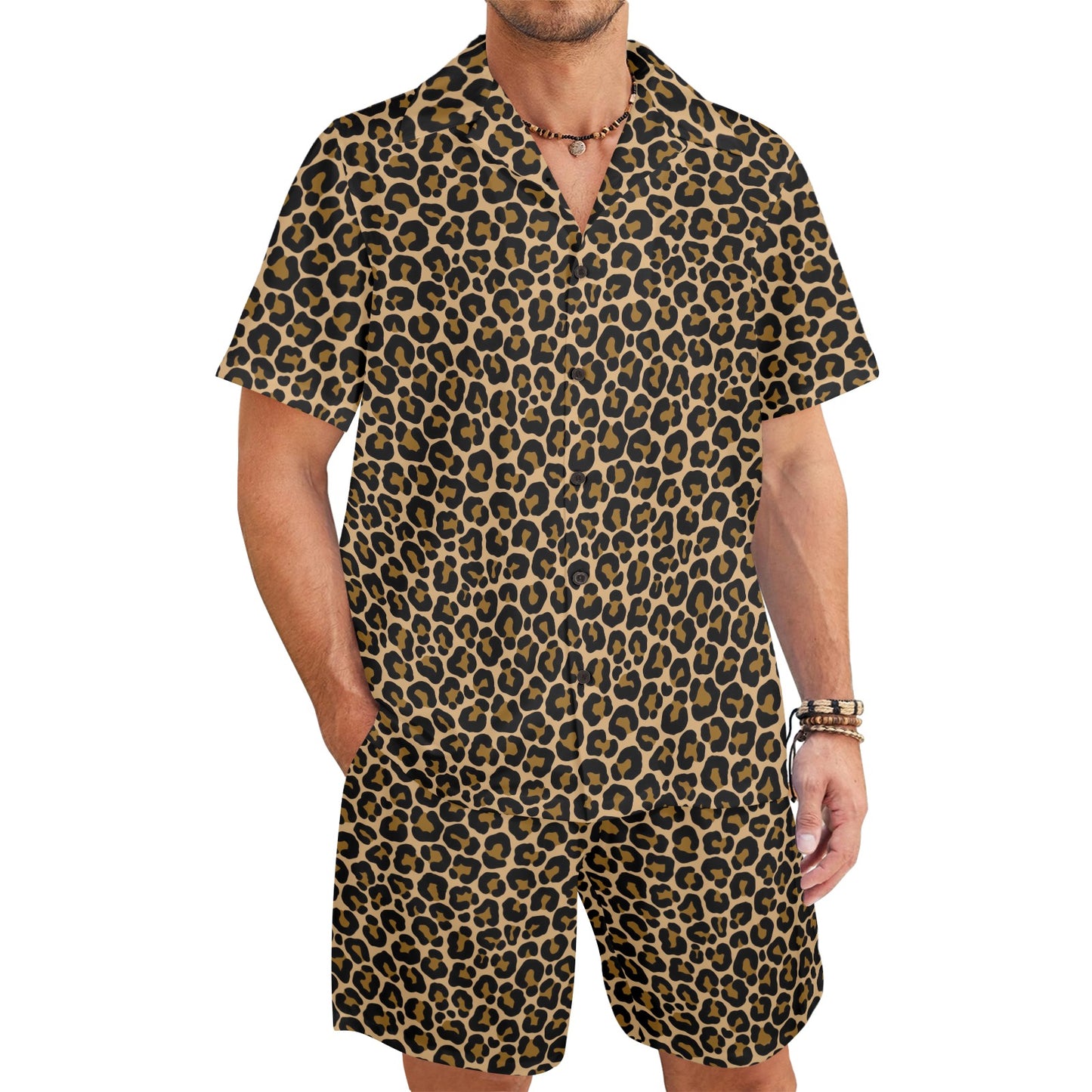 Leopard Shirt Shorts Outfit Set Men, Animal Print Cheetah Matching Hawaiian Beach Male Guys Summer Short Sleeve Button Up Down Luau