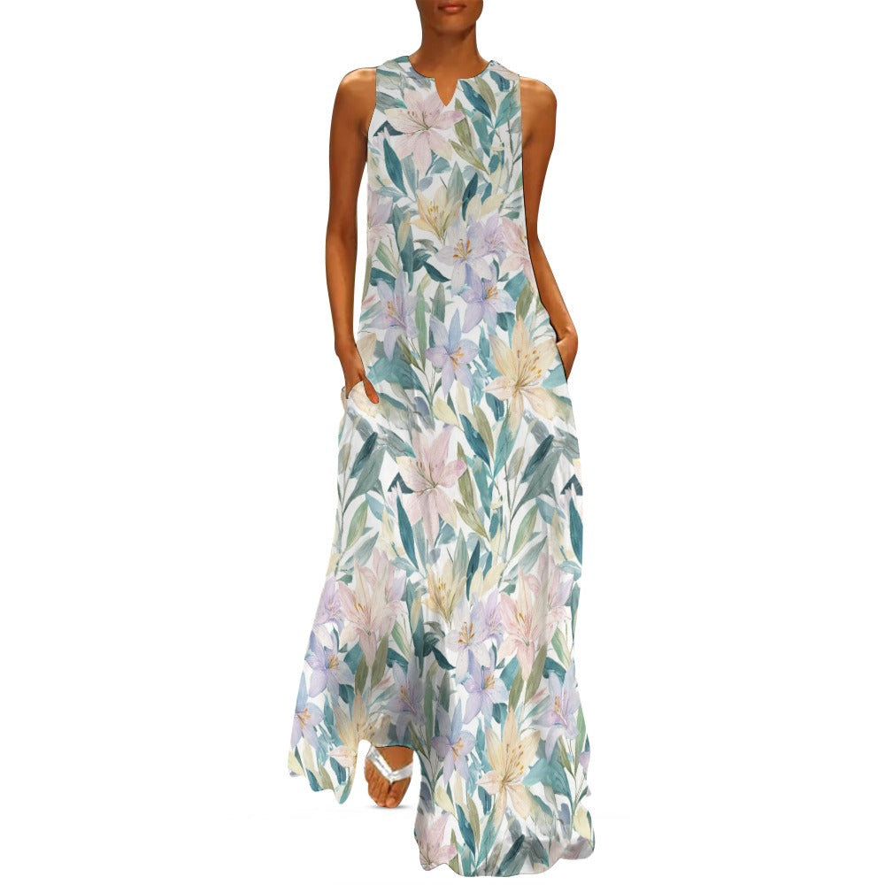 Pastel Floral Maxi Dress, Botanical Women Sleeveless Casual Cute Designer Elegant Plus Size Cocktail Party Summer A-Line Designer Pockets