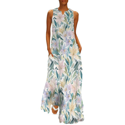 Pastel Floral Maxi Dress, Botanical Women Sleeveless Casual Cute Designer Elegant Plus Size Cocktail Party Summer A-Line Designer Pockets