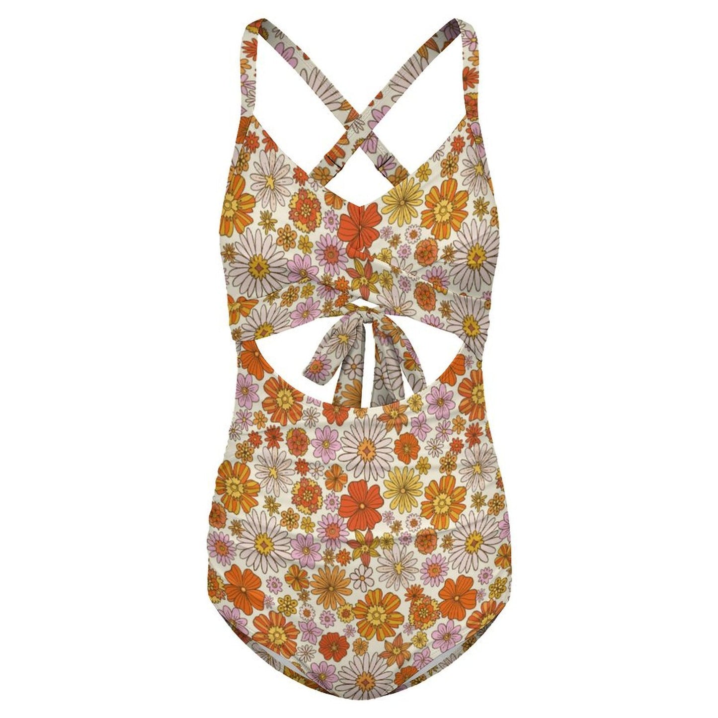 Retro Floral One Piece Swimsuit Women, Flowers 70s Retro Vintage Party Cut Out Tummy Control Designer Swim 1 Swimming Bathing Suits Ladies