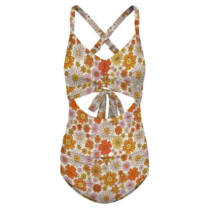Retro Floral One Piece Swimsuit Women, Flowers 70s Retro Vintage Party Cut Out Tummy Control Designer Swim 1 Swimming Bathing Suits Ladies