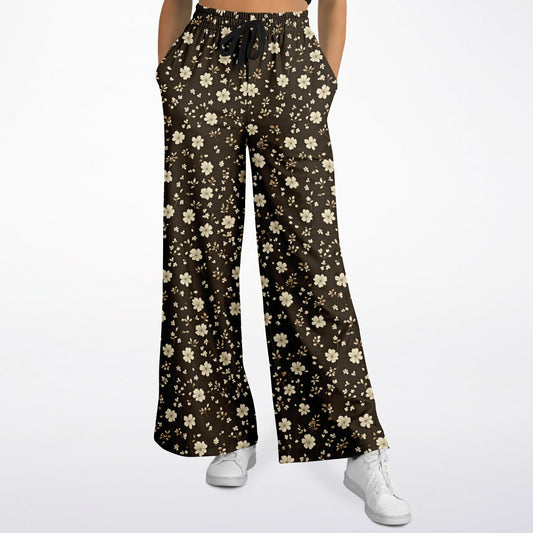 Brown Floral Wide Leg Jogging Pants, Flowers Ditsy Flare Sweatpants Pockets Women Flared Sweats Cotton Fleece Ladies Joggers Loungewear