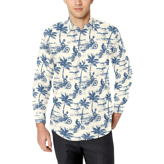 Dirt Bike Long Sleeve Men Button Up Shirt, Motocross Palm Trees Motorcycle Vintage Tropical Summer Print Buttoned Collar Casual Dress Shirt