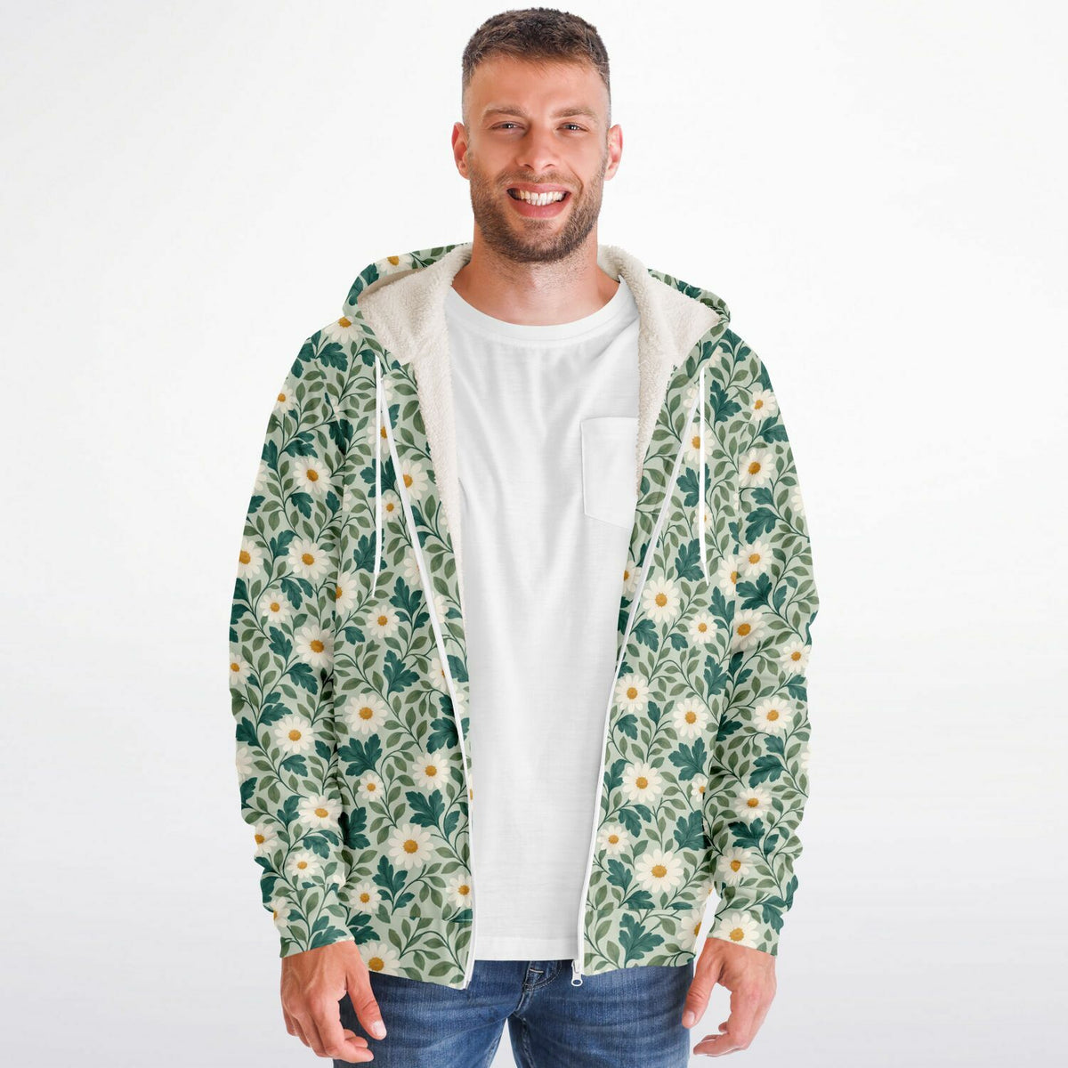 Daisy Zip Up Fleece Lined Hoodie, Floral Green Flowers Sherpa Heavyweight Full Zipper Pocket Men Women Unisex Hooded Sweatshirt Jacket