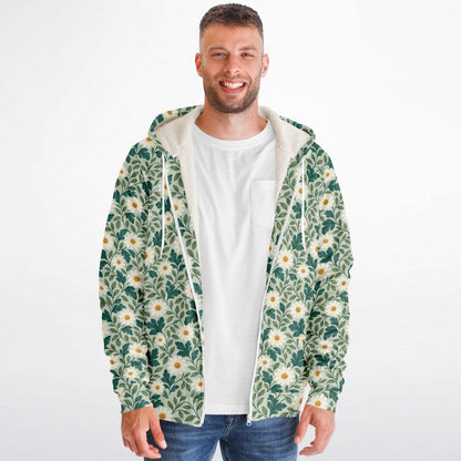 Daisy Zip Up Fleece Lined Hoodie, Floral Green Flowers Sherpa Heavyweight Full Zipper Pocket Men Women Unisex Hooded Sweatshirt Jacket