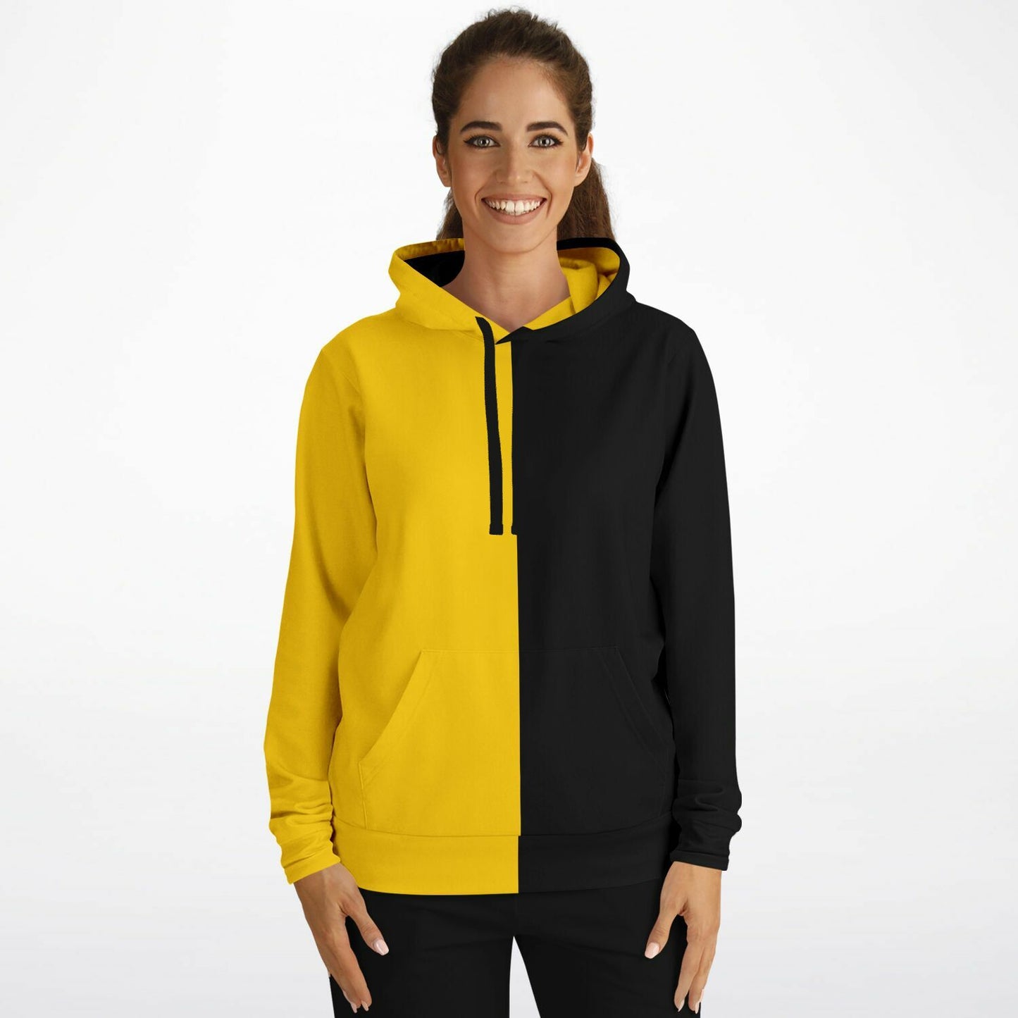 Half Black Half Yellow Hoodie, Two Tone Color Split Pullover Men Women Adult Cotton Hooded Sweatshirt with Pockets Designer Plus Size