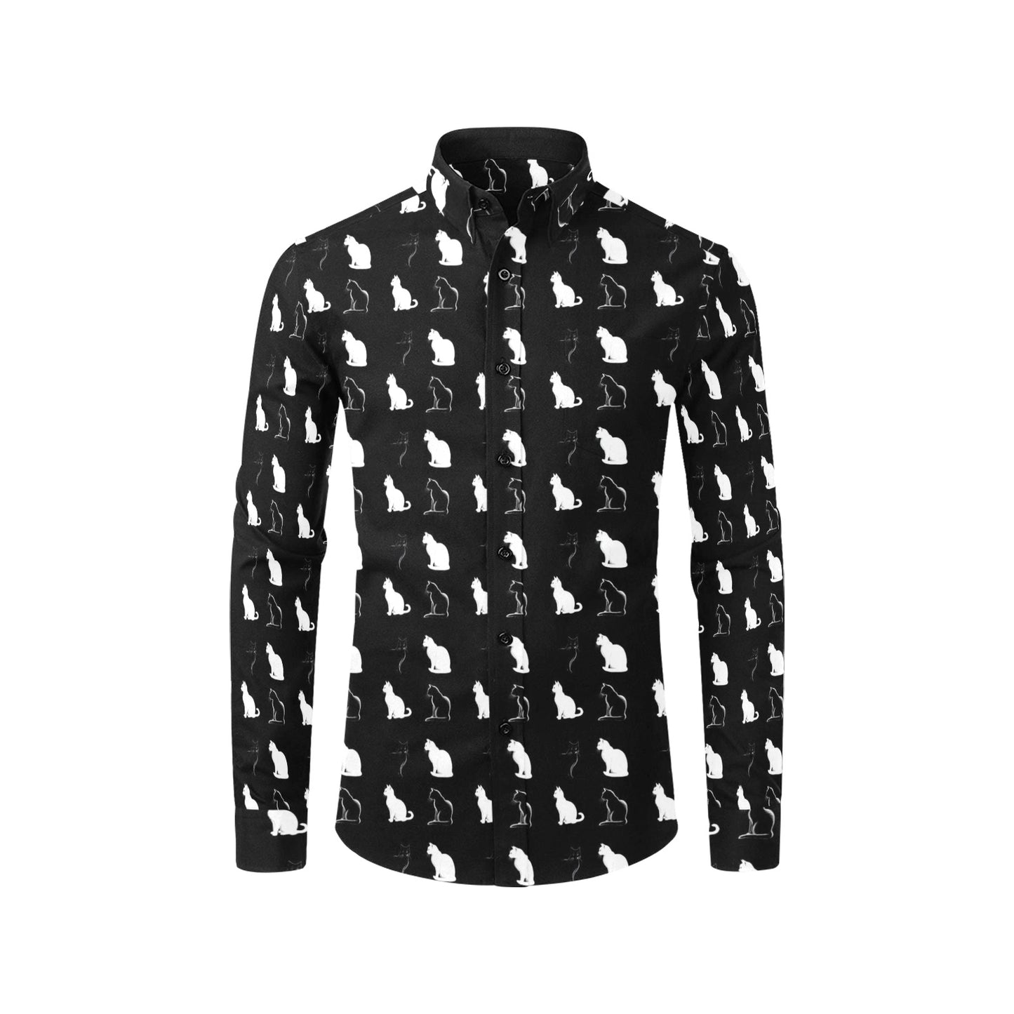 Cats Long Sleeve Men Button Up Shirt, Black White Kitten Themed Print Buttoned Down Collar Business Casual Dress Shirt Male Chest Pocket