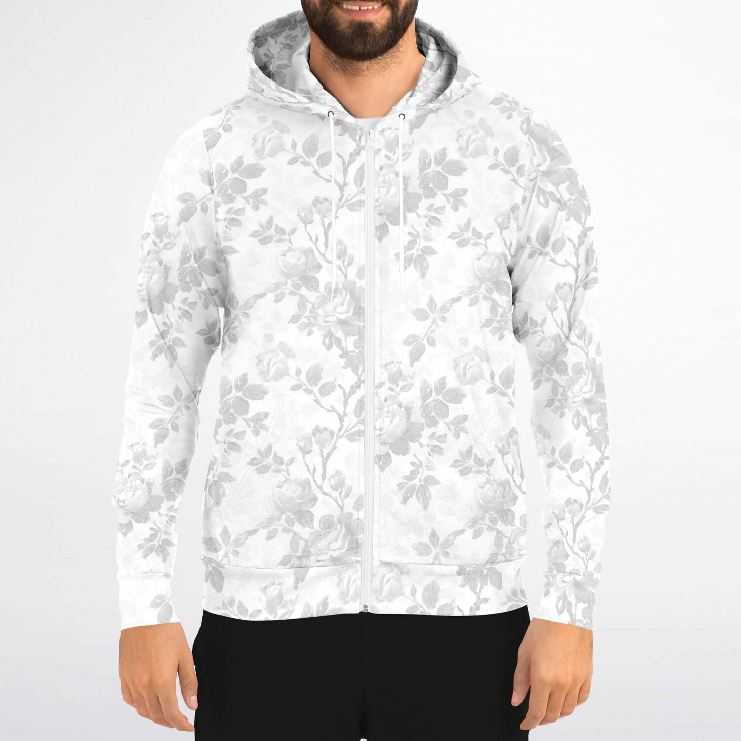 White Floral Zip Up Hoodie, Flowers Full Zipper Pocket Men Women Unisex Adult Aesthetic Graphic Cotton Fleece Hooded Sweatshirt - Starcove Fashion