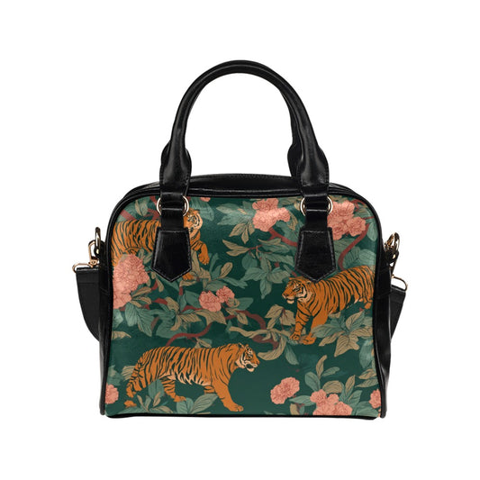 Tiger Purse, Animal Jungle Floral Flowers Print Panther Puma Pattern Cute Small Shoulder Bag Vegan Leather Women Designer Handbag Crossbody