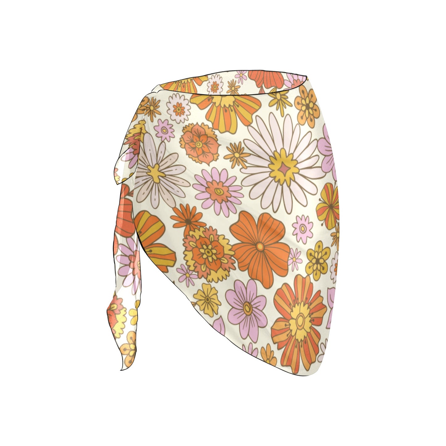 Pink Floral Sarong Wrap Skirt, Orange Flowers Print Women Bikini Bottom Cover Up Beach Front Sexy Coverup Swimwear Side Tie Short Mini Swim - Starcove Fashion