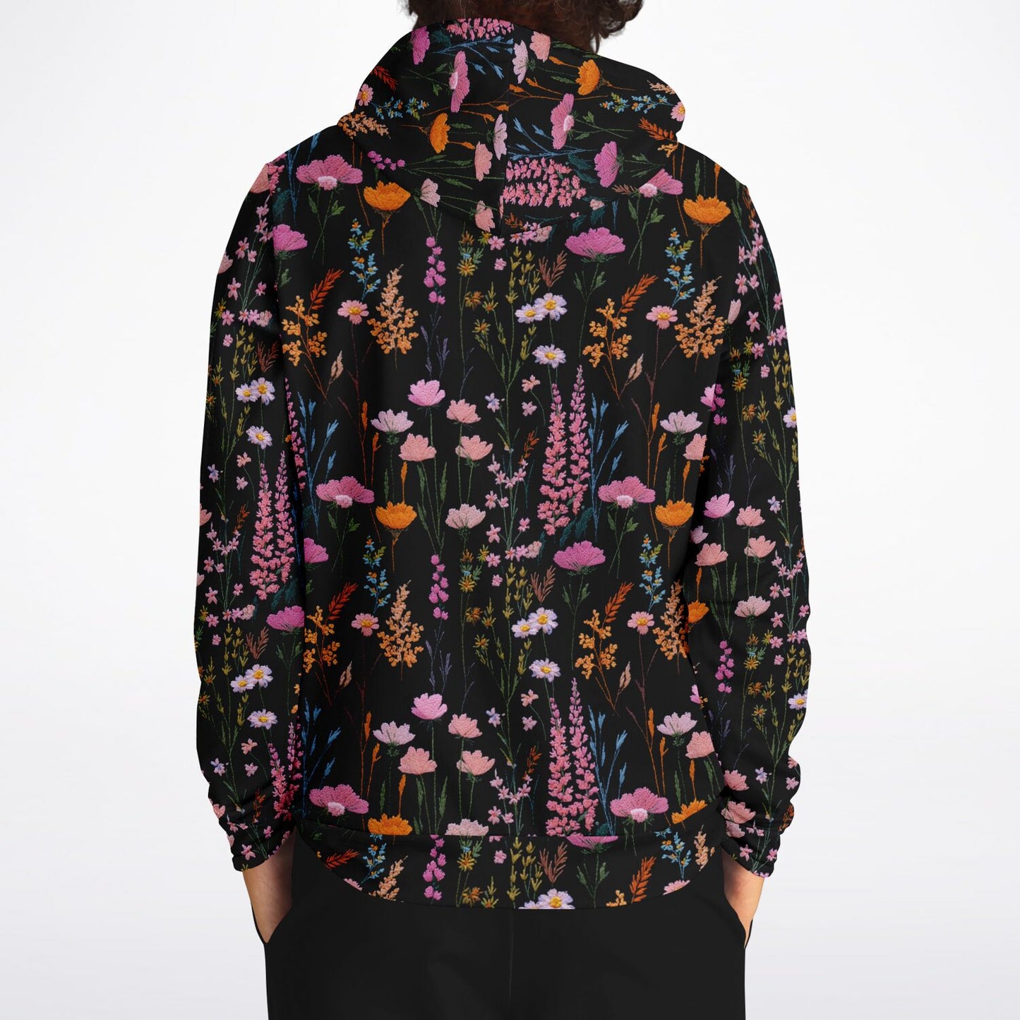 Pink Floral Hoodie, Faux Embroidery Flowers Pullover Women Men Adult Aesthetic Graphic Cotton Hooded Sweatshirt Pockets Designer Plus Size