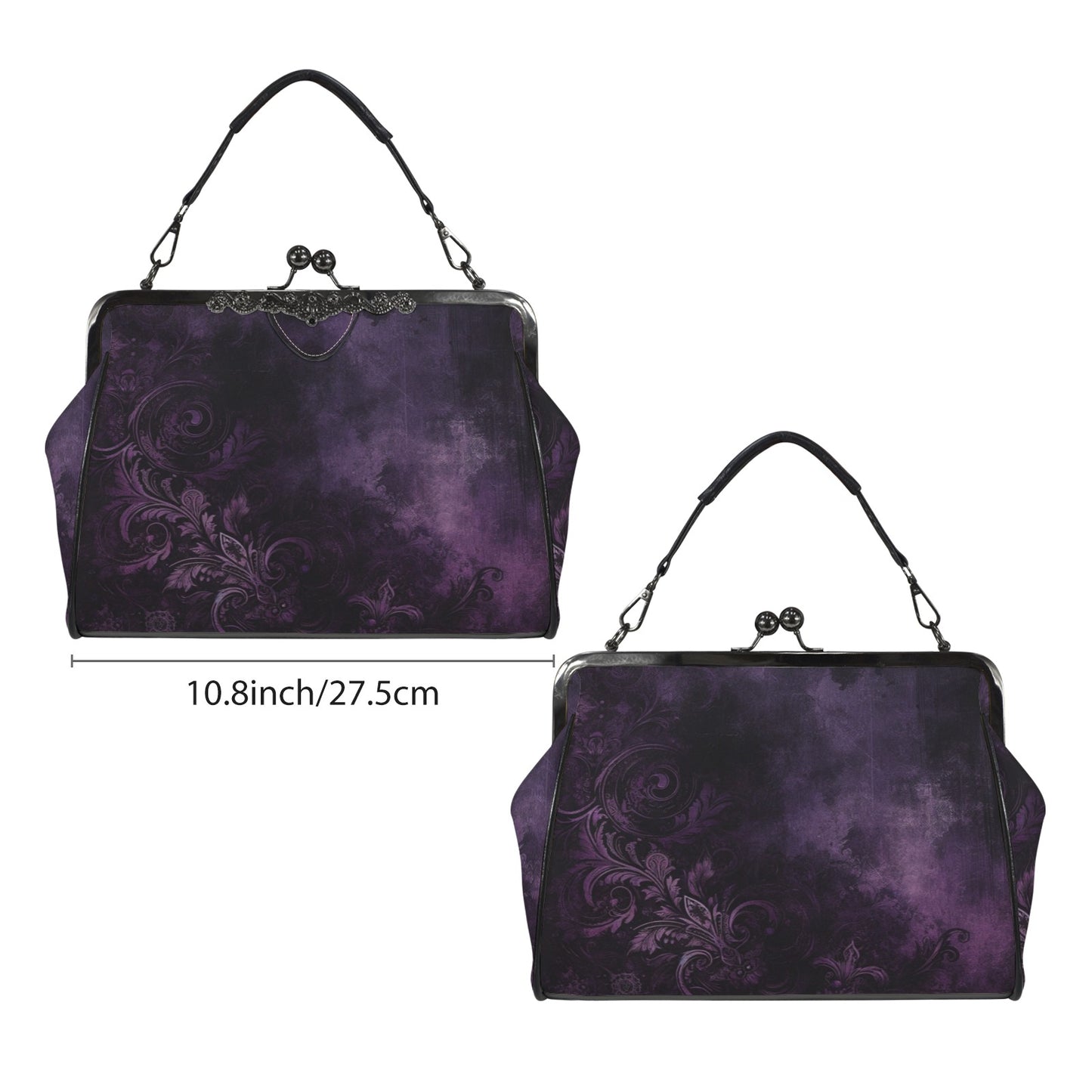 Purple Kiss Lock Purse Handbag, Pink Black Grunge Gothic Dark Print Vegan Leather Vintage Designer Shoulder Crossbody Top Handle Clasp Bag - Starcove Fashion