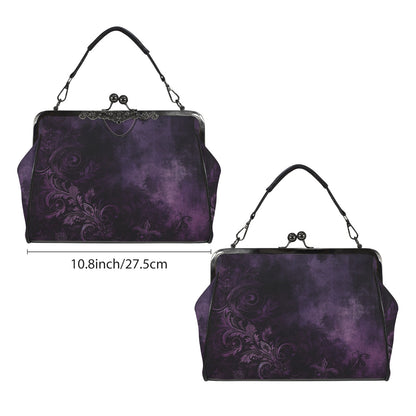 Purple Kiss Lock Purse Handbag, Pink Black Grunge Gothic Dark Print Vegan Leather Vintage Designer Shoulder Crossbody Top Handle Clasp Bag - Starcove Fashion