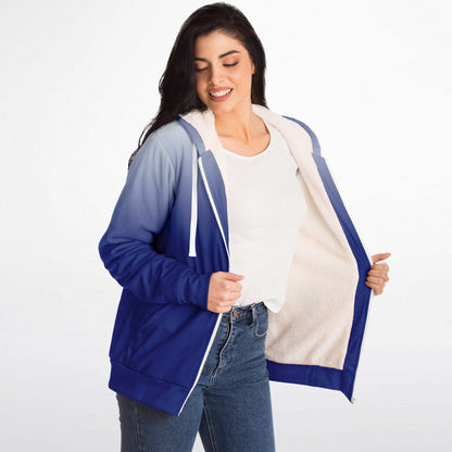 Blue White Ombre Zip Up Fleece Lined Hoodie, Tie Dye Gradient Heavyweight Full Zipper Pocket Men Women Unisex Hooded Sweatshirt Jacket