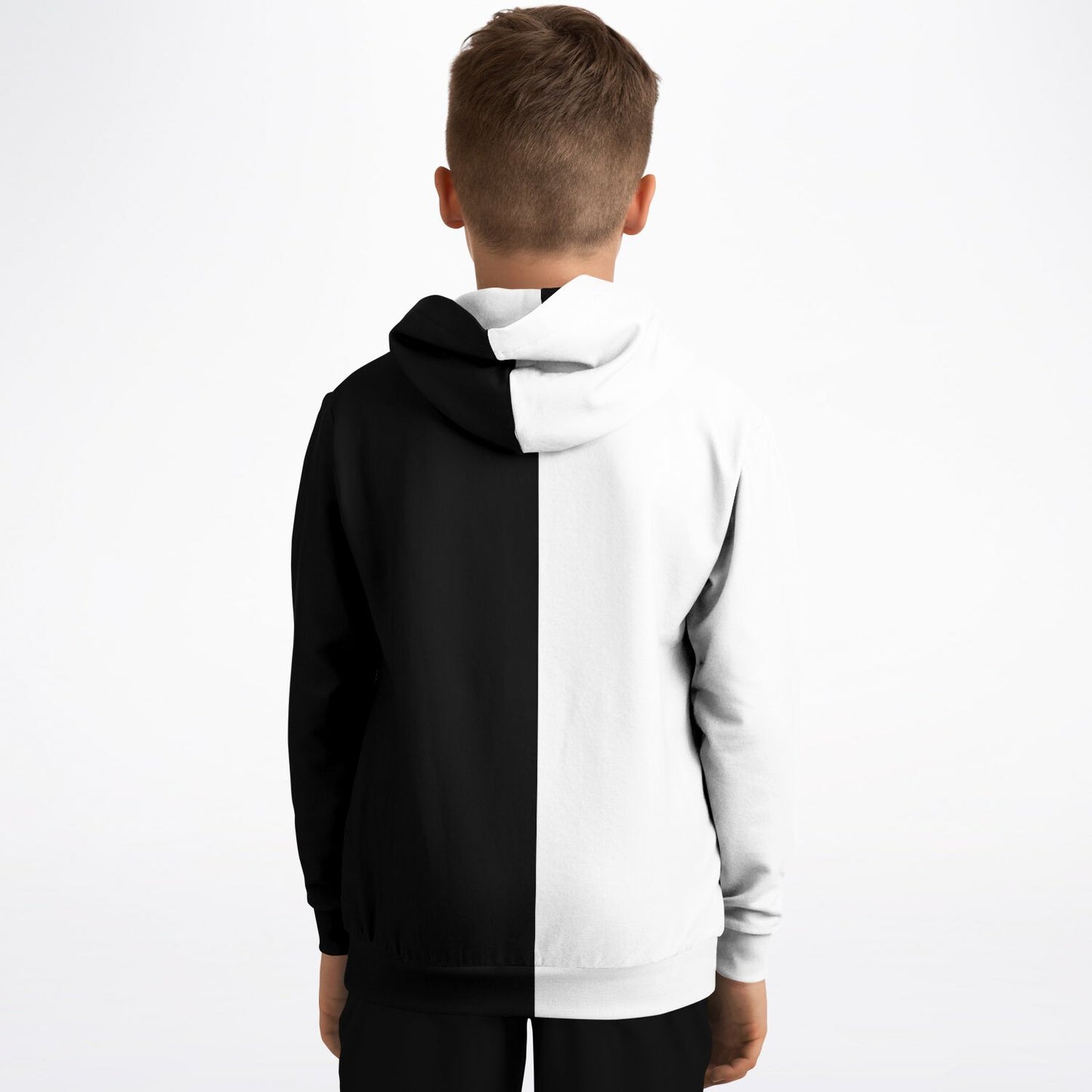 Half Black Half White Kids Pullover Hoodie, Two Tone Color Split Girls Boy Toddler Youth Children Fleece Cozy Cotton Hooded Sweatshirt Pockets