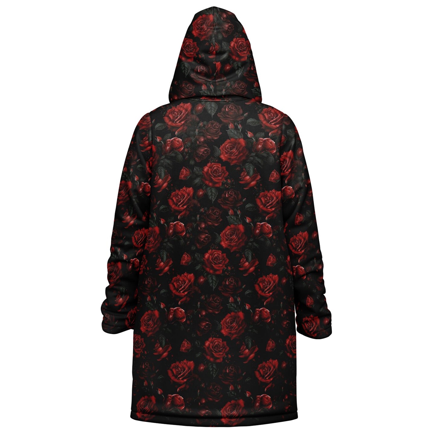 Red Roses Hooded Fleece Jacket, Black Zipper Coat Cloak Men Women Ladies Long Winter Warm Mink Hooded Parka Festival Wearable Cape Pockets