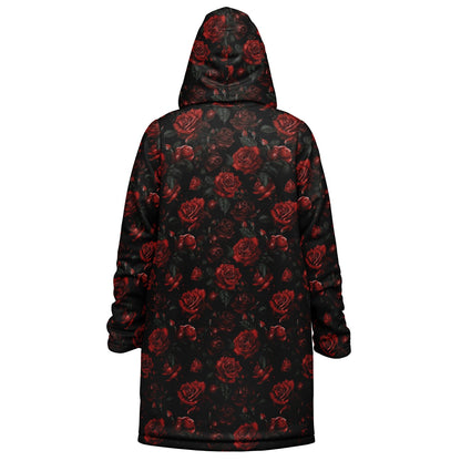 Red Roses Hooded Fleece Jacket, Black Zipper Coat Cloak Men Women Ladies Long Winter Warm Mink Hooded Parka Festival Wearable Cape Pockets