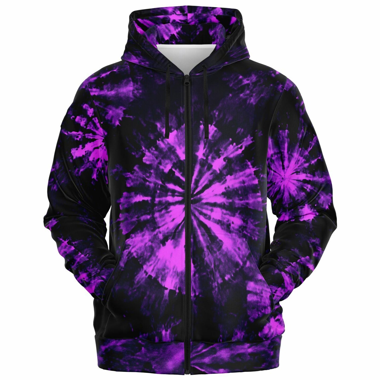 Black Purple Tie Dye Zip Up Hoodie, Full Zipper Pocket Men Women Unisex Adult Aesthetic Graphic Cotton Fleece Hooded Sweatshirt