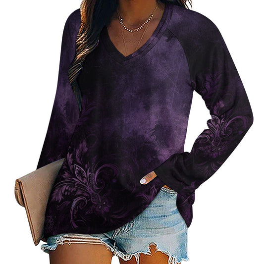 Purple Women Long Sleeve Tshirt loose fit, Floral Gothic Distressed Relaxed V-neck Designer Graphic Aesthetic Ladies Female Tee Top Shirt