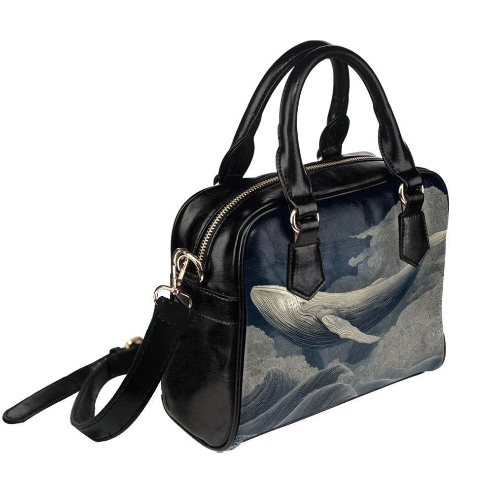 Whale Shoulder Purse, Blue Marine Animal Cute Black Small Retro Vintage Vegan Leather Women Designer Handbag with Strap Crossbody Bag