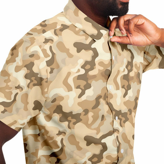 Desert Camo Men Button Up Shirt, Camouflage Light Brown Short Sleeve Print Casual Buttoned Down Summer Male Guys Collared Designer Dress
