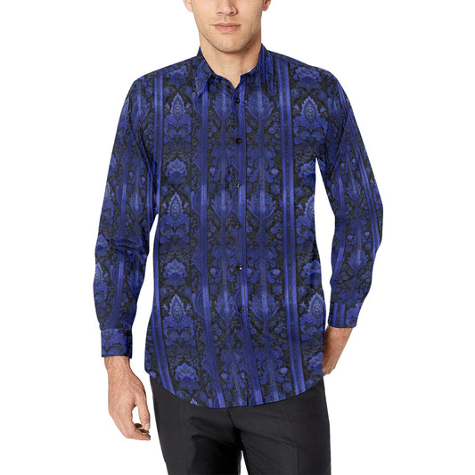 Black Blue Paisley Men Button Up Shirt, Long Sleeve Pattern Print Dress Buttoned Collar Casual Dress Collared Shirt with Chest Pocket