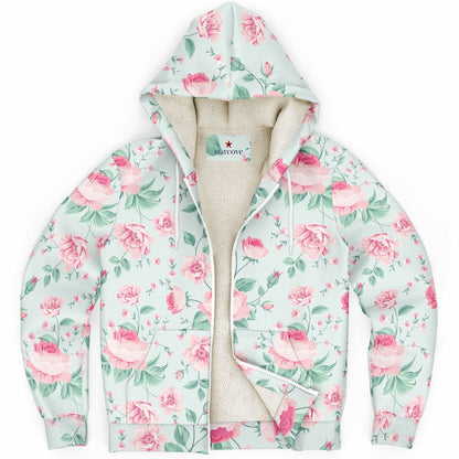 Pink Green Floral Zip Up Fleece Lined Hoodie, Flowers Peony Blossom Heavyweight Full Zipper Pocket Men Women Unisex Hooded Sweatshirt Jacket