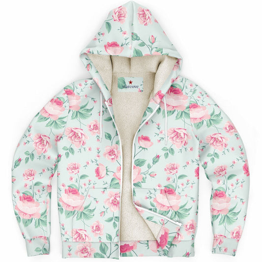 Pink Green Floral Zip Up Fleece Lined Hoodie, Flowers Peony Blossom Heavyweight Full Zipper Pocket Men Women Unisex Hooded Sweatshirt Jacket