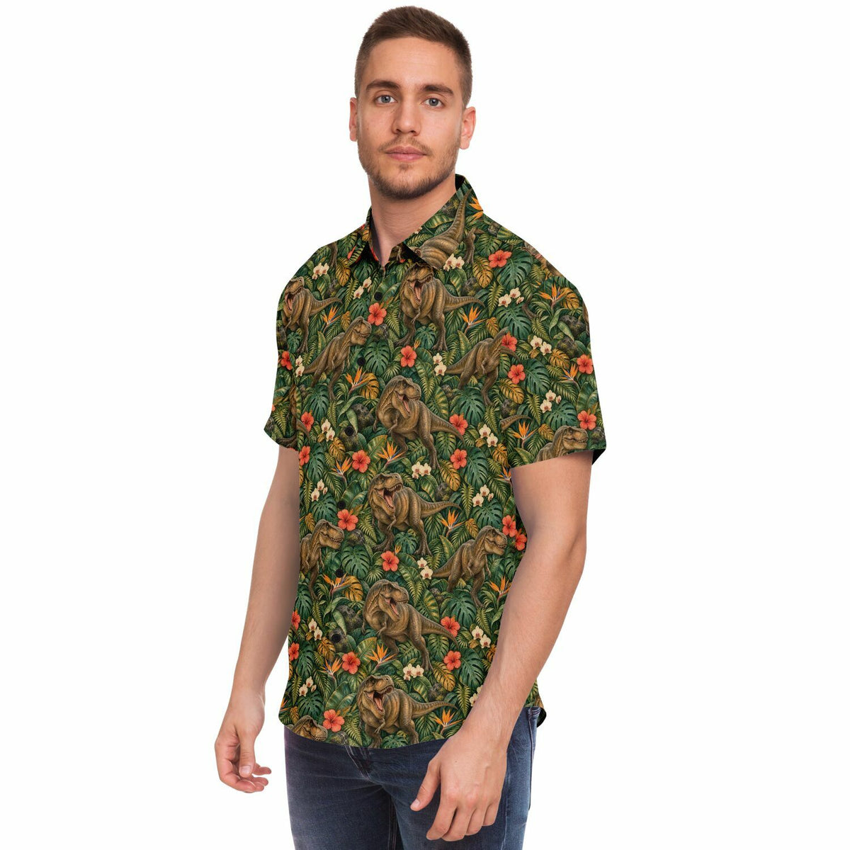 Dinosaur Men Button Up Shirt, T-Rex Dino Jungle Park Short Sleeve Print Casual Buttoned Down Summer Male Guys Collared Designer Dress copy