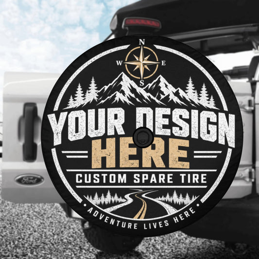 Custom Spare Tire Cover, Personalized Photo Text Logo Back Wheel Backup Camera Hole Auto Vehicle Unique Camping Design RV Back Gift