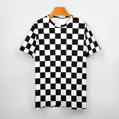 Checkered Women Cotton Tshirt, Black White Check Racing Ladies Female Designer Adult Graphic Aesthetic Fashion Fitted Crewneck Tee Shirt Top