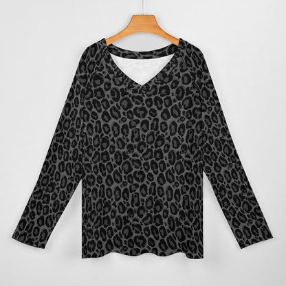 Black Leopard Women Long Sleeve Tshirt loose fit, Gray Animal Print Relaxed V-neck Designer Graphic Aesthetic Ladies Female Tee Top Shirt - Starcove Fashion