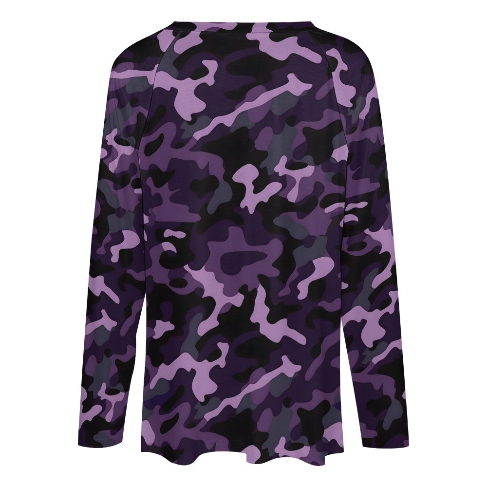 Purple Camo Women Long Sleeve Tshirt loose fit, Camouflage Relaxed V-neck Designer Graphic Aesthetic Ladies Female Tee Top Shirt Streetwear - Starcove Fashion