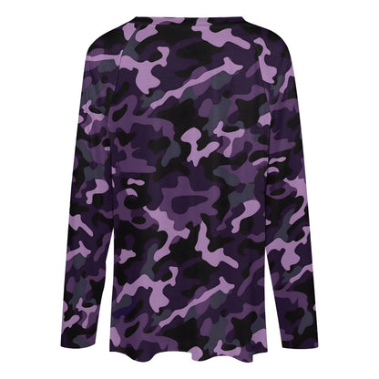 Purple Camo Women Long Sleeve Tshirt loose fit, Camouflage Relaxed V-neck Designer Graphic Aesthetic Ladies Female Tee Top Shirt Streetwear - Starcove Fashion