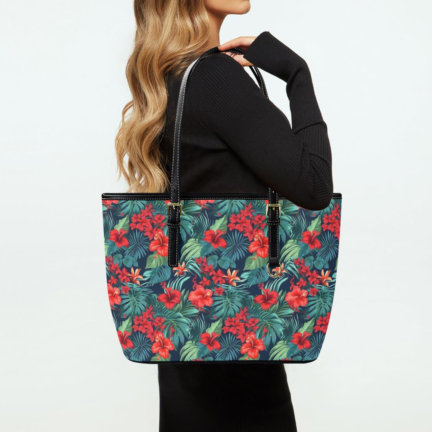 Red Tropical Flowers Tote Bag Purse, Hibiscus Floral Art Women Vegan Leather Handbag  Zip on Top Designer Handmade Shoulder Ladies Bag