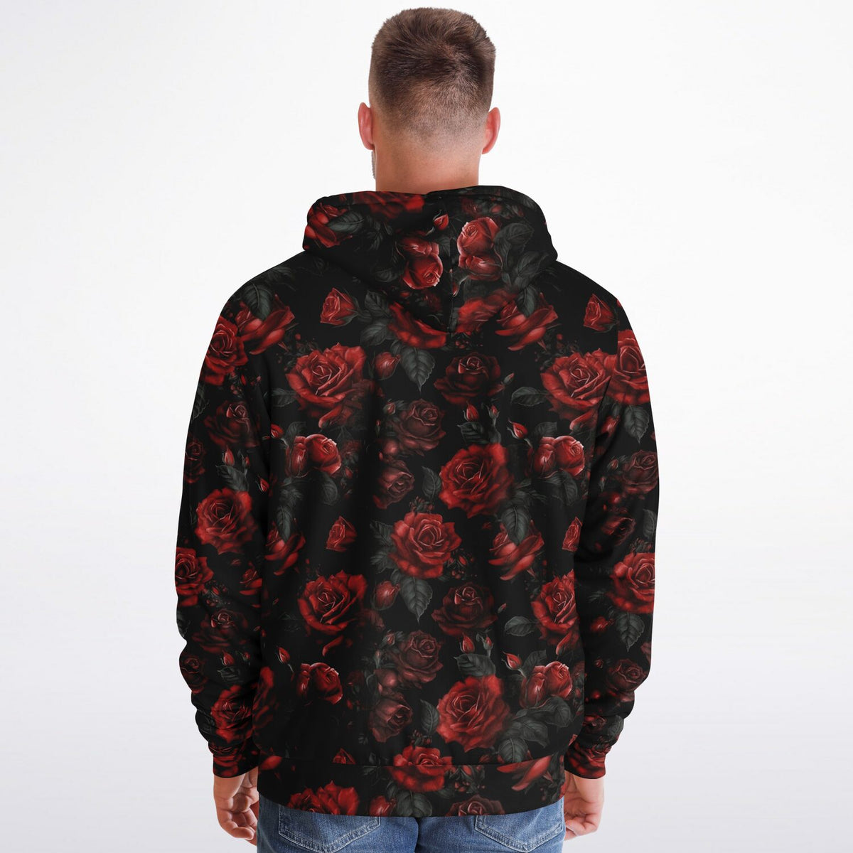 Red Roses Zip Up Fleece Lined Hoodie, Floral Flowers Sherpa Heavyweight Full Zipper Pocket Men Women Unisex Graphic Hooded Sweatshirt Jacket