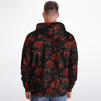 Red Roses Zip Up Fleece Lined Hoodie, Floral Flowers Sherpa Heavyweight Full Zipper Pocket Men Women Unisex Graphic Hooded Sweatshirt Jacket