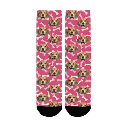 Customized Dog Socks, Photo Face Picture Personalized Pink Dog Bones Custom Lovers Gift Cute Kids Men Women Mom Print Pet Funny Mother's Day