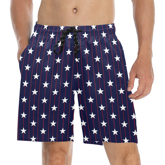 Preppy American Flag Stars Men Swim Trunks, Red White Blue Shorts USA Beach Pockets Mesh Lining Drawstring 4th of July Patriotic Plus Size