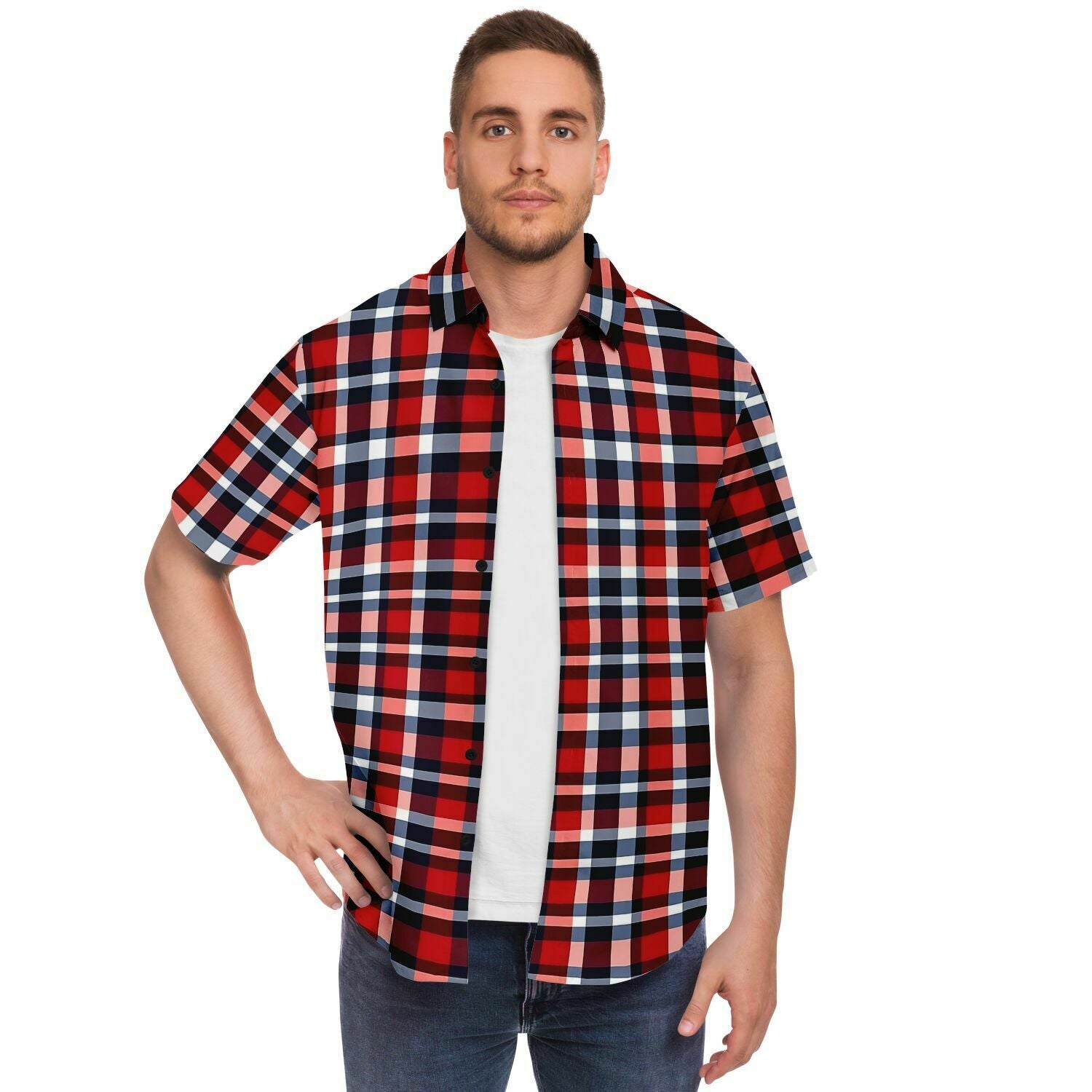 Short sleeve red button up shirt hot sale
