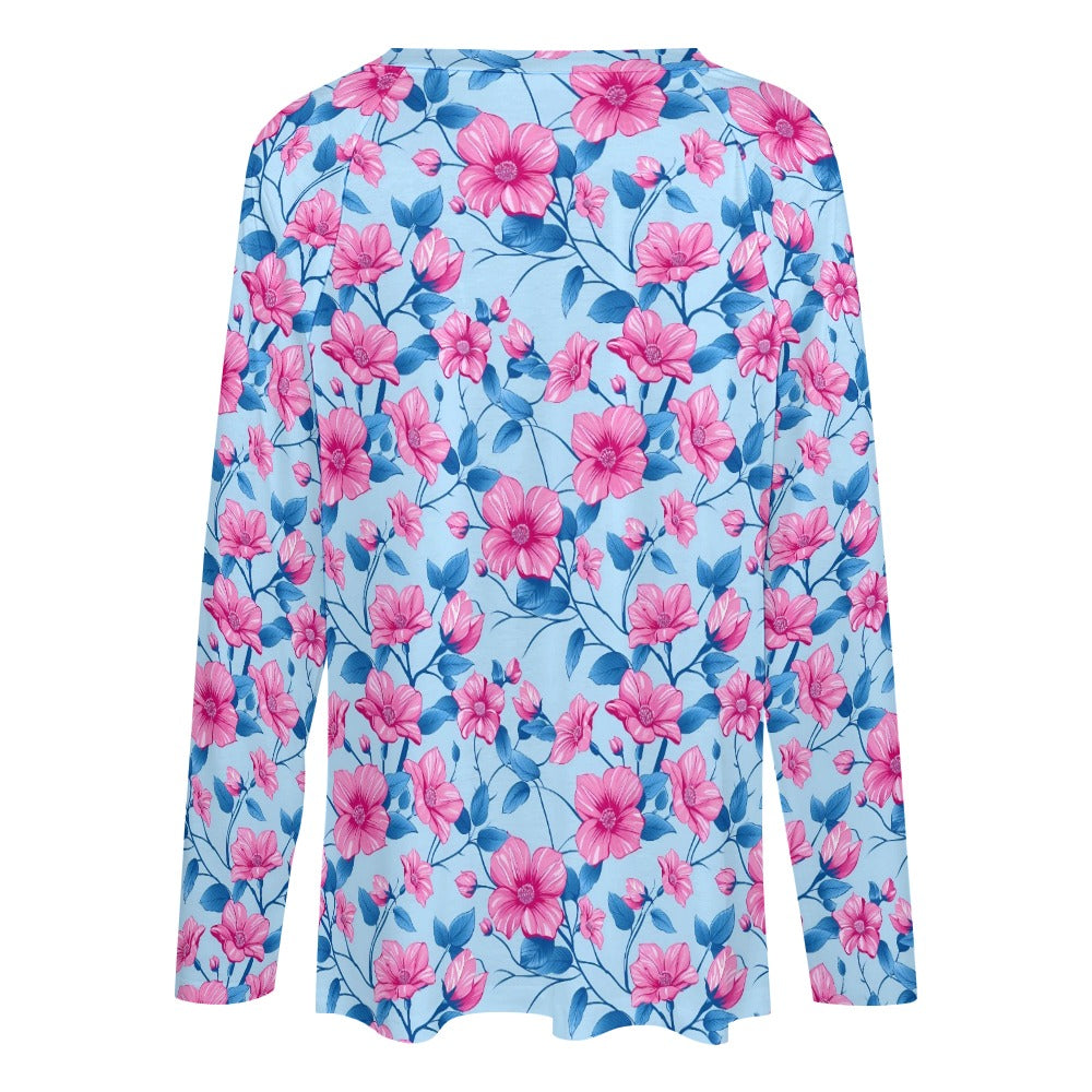 Pink Blue Floral Women Long Sleeve Tshirt loose fit, Flowers Botanical Relaxed V-neck Designer Graphic Aesthetic Ladies Female Tee Top Shirt - Starcove Fashion