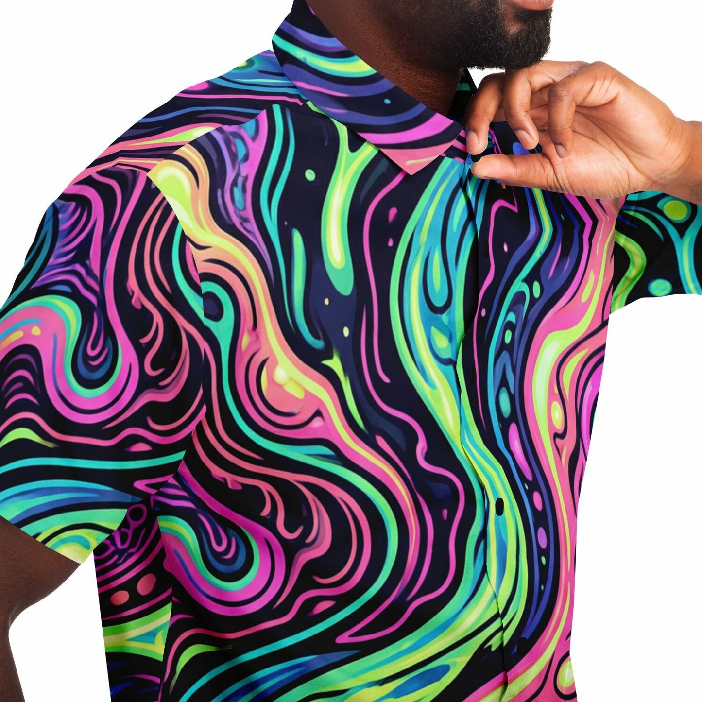 Psychedelic Men Button Up Shirt, Vibrant Trippy Funky Festival Short Sleeve Print Casual Buttoned Down Summer Male Guys Collared Designer - Starcove Fashion