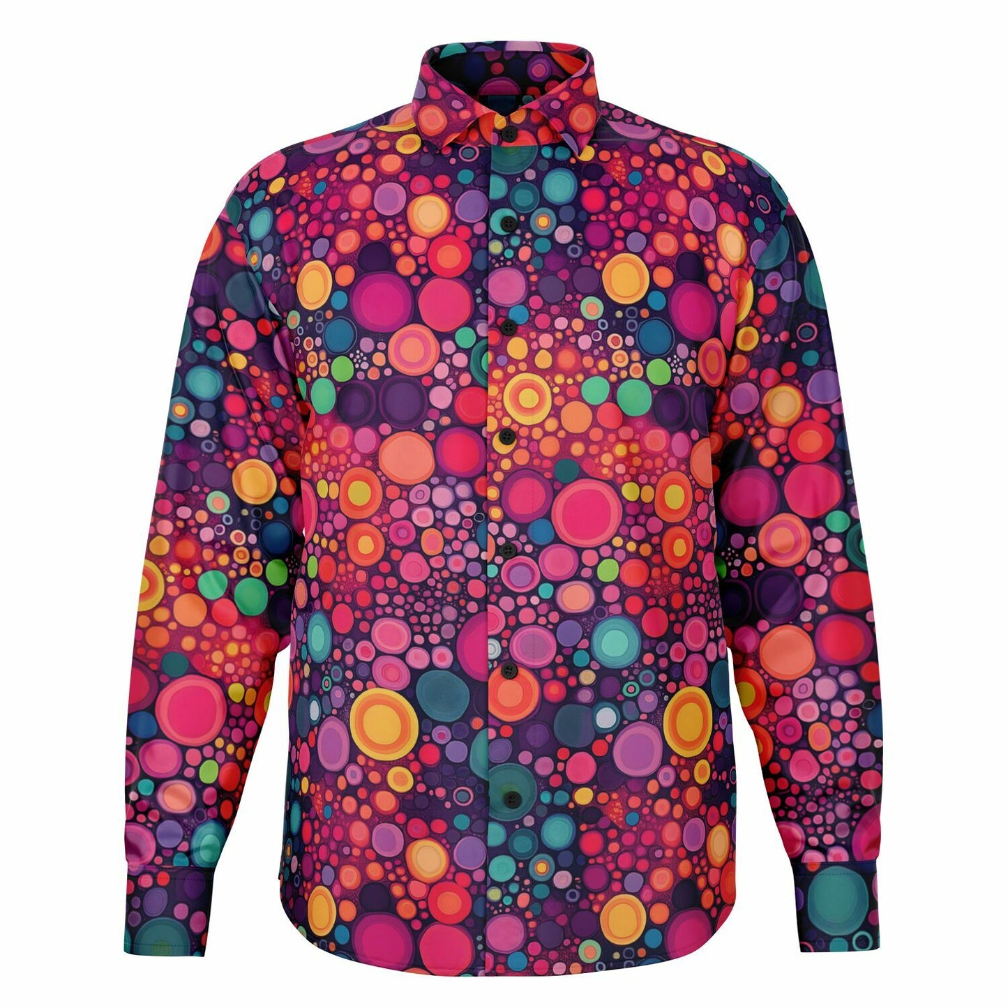 Psychedelic Long Sleeve Men Button Up Shirt, Funky Red Colorful Fun Retro Vibrant Dot Art Guys Male Print Buttoned Down Collared Casual Dress Plus Size